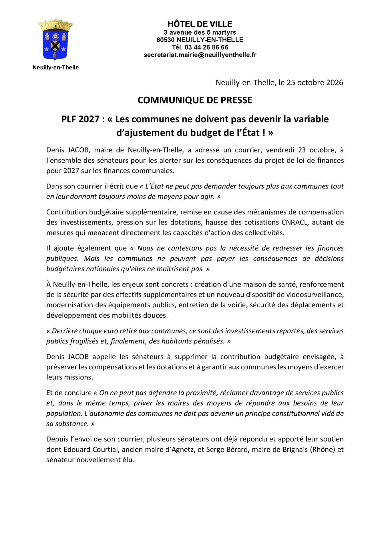 25 10 2026 communique plf 2027